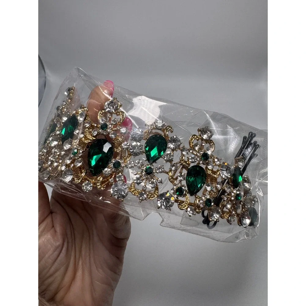 Emerald Green Crystal Tiara Gold Tone Rhinestone Wedding Pageant Crown Boxed